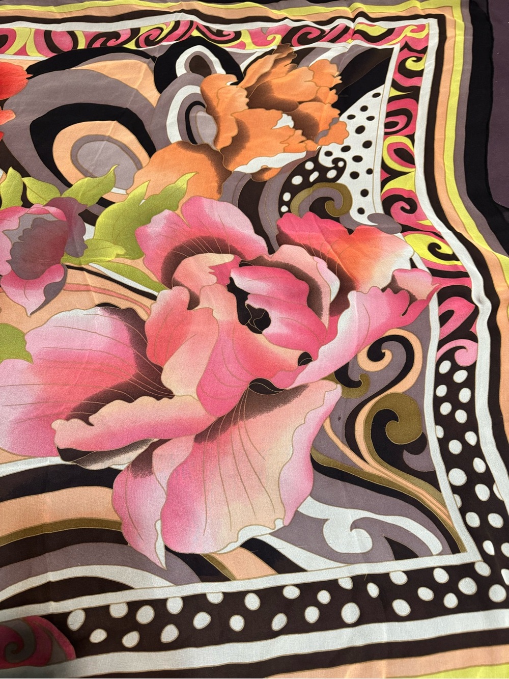 Renato Nucci Paris 100% Silk Scarf with Purple, Pink & Lime Motif (40x40 size) - Picture 3 of 4